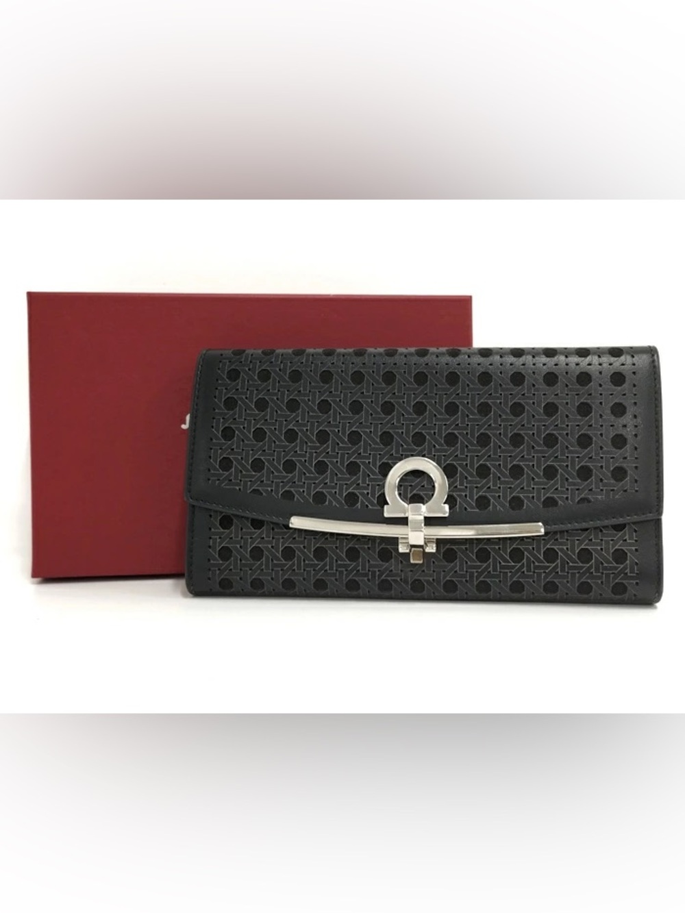 Ferragamo Black Perforated Leather Clutch